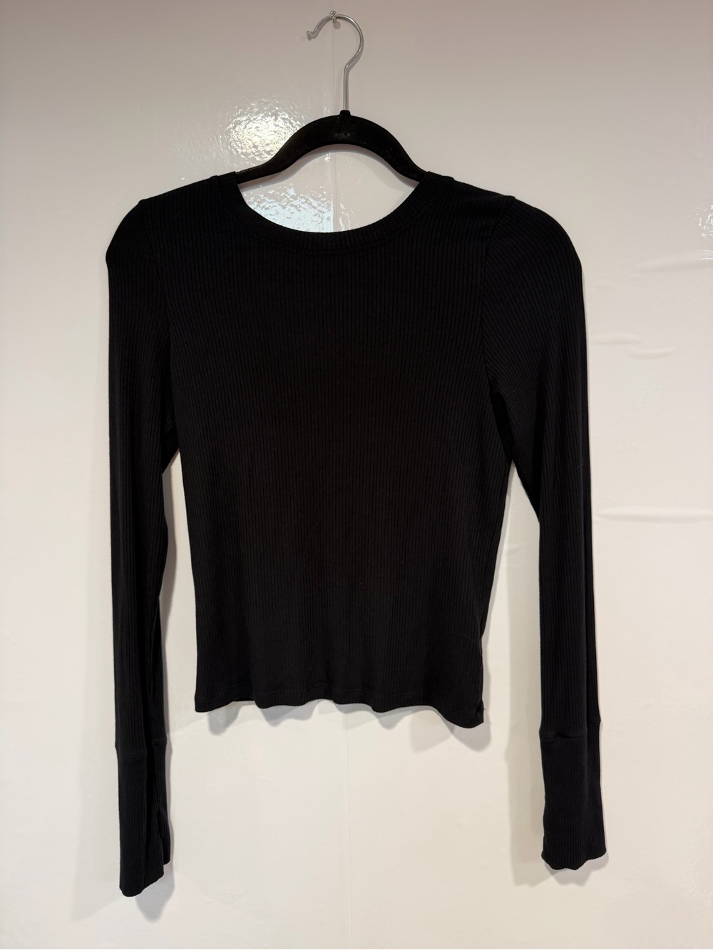 Black Ribbed Long-Sleeve Swoop Back Aerie Women's Top